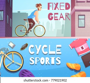 Cycling sports fixed gear and accessories 2 cartoon horizontal banners with street racing and sportswear vector illustration 