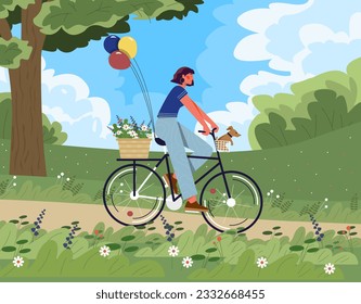 Cycling in spring concept. Woman at bicycle in forest. Active lifestyle, travel and leisure. Environmentally friendly transport. Owner with pet, girl with dog. Cartoon flat vector illustration