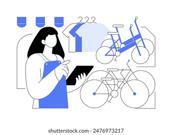 Cycling store isolated cartoon vector illustrations. Cycling store salesperson advise on bicycle purchase, business owner, buying bike and accessories on sale, sports shop vector cartoon.