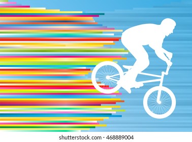 Cycling street rider stunt trick boy vector background abstract illustration with colorful stripes on blue