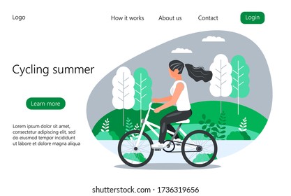 Cycling summer concept vector for homepage. Girl is riding a bicycle in the city park, forest, village. Outdoor activity on the bike. Sport cycling illustration for landing page, web, app.