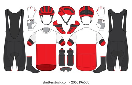 Cycling team kit jersey biking uniform and equipment shoes socks water bottle