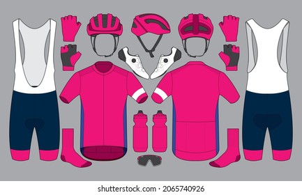 Cycling team kit jersey biking uniform and equipment shoes socks water bottle