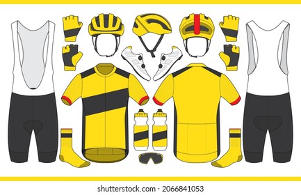 Cycling team kit jersey biking uniform and equipment shoes socks water bottle