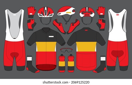 Cycling team kit jersey biking uniform and equipment shoes socks water bottle