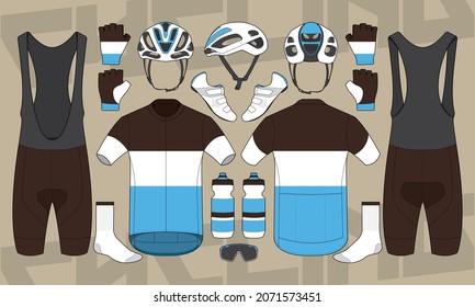 Cycling team kit jersey biking uniform and equipment shoes socks water bottle