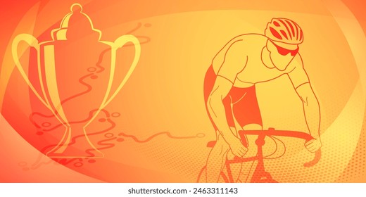 Cycling themed background in the colors of the national flag of Spain, with sport symbols such as an athlete cyclist, cup and a bike race route, as well as abstract curves and dots