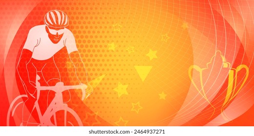 Cycling themed background in the colors of the national flag of Spain, with sport symbols such as an athlete cyclist and a cup, as well as abstract curves and dots