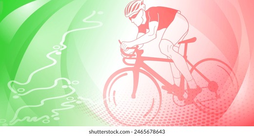 Cycling themed background in the colors of the national flag of Italy, with sport symbols such as an athlete cyclist and a bike race route, as well as abstract curves and dots
