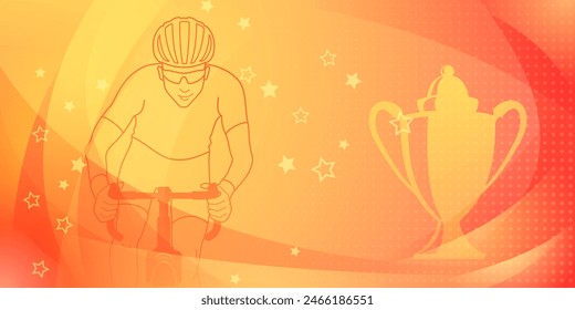 Cycling themed background in the colors of the national flag of Spain, with sport symbols such as an athlete cyclist and a cup, as well as abstract curves and dots