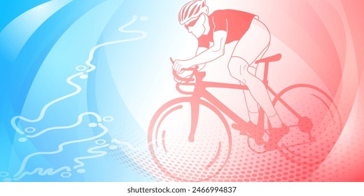 Cycling themed background in the colors of the national flag of France, with sport symbols such as an athlete cyclist and a bike race route, as well as abstract curves and dots