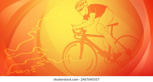 Cycling themed background in the colors of the national flag of Spain, with sport symbols such as an athlete cyclist and a bike race route, as well as abstract curves and dots