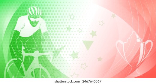 Cycling themed background in the colors of the national flag of Italy, with sport symbols such as an athlete cyclist and a cup, as well as abstract curves and dots