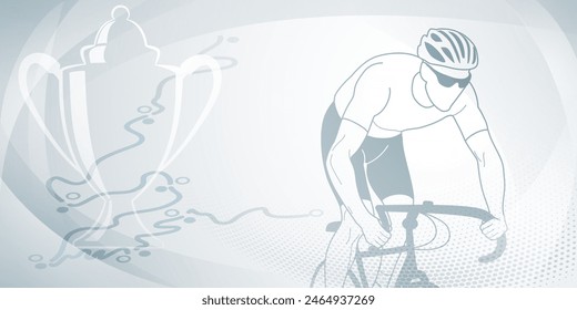 Cycling themed background in gray colors with sport symbols such as an athlete cyclist, cup and a bike race route, as well as abstract curves and dots