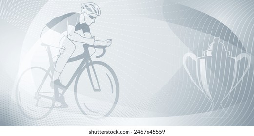 Cycling themed background in gray colors with sport symbols such as an athlete cyclist and a cup, as well as abstract curves and dots