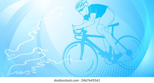 Cycling themed background in light blue colors with sport symbols such as an athlete cyclist and a bike race route, as well as abstract curves and dots