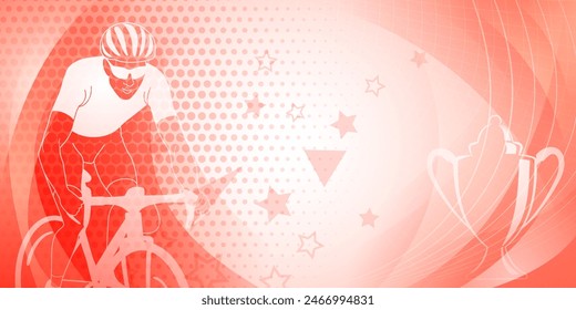 Cycling themed background in red colors with sport symbols such as an athlete cyclist and a cup, as well as abstract curves and dots