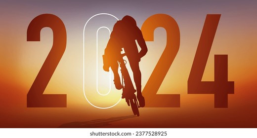 El concepto de ciclismo deportivo temático para una tarjeta de felicitación 2024, que muestra a un ciclista corriendo más allá de la línea de meta.