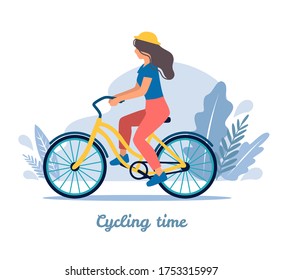 Fondo del tiempo de ciclismo. Mujer muy joven en una bicicleta en la naturaleza. Una ciclista adorable. Deporte, estilo de vida saludable. Ilustración vectorial colorida de dibujos animados planos.