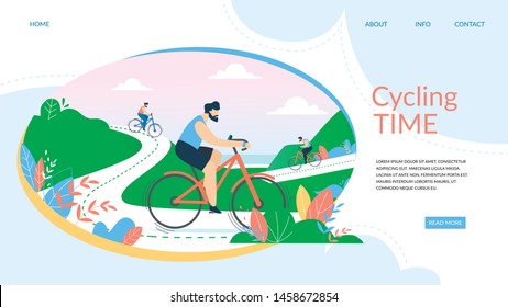 Cycling Time Banner. Biking Competition, Sportsmen Driving Bicycles on Mountain Streamer Route with Seascape Background. Summertime Sports Activity, Healthy Lifestyle Cartoon Flat Vector Illustration,