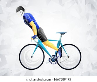 Cycling tour, track, bicycle, geometric, cyclist stylized vector. A Young man is cycling a bicycle. Sports activity.