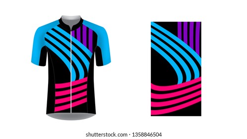 Cycling tour uniform templates. Gaming casual clothing concept. Uniform for racing, running, triathlon. Soccer sportswear. Design for sublimation print. Isolated vector mockup.