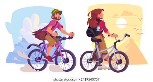 Cycling tourists traveling by bike. Vector cartoon illustration of young man, woman enjoying field ride, admiring sunset in sandy desert with ancient pyramid, birds in sky, active lifestyle, vacation