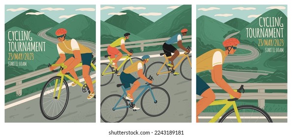 Afiches del torneo de ciclismo. Ilustraciones de vectores dibujadas a mano de ciclistas. Carrera de bicicletas en la carretera de la montaña. Atletas de Triatlón en bicicleta