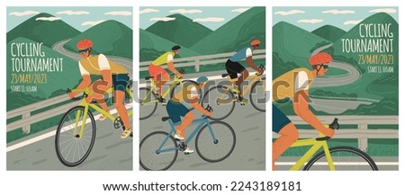 Cycling tournament posters set. Hand drawn vector illustrations of bike riders. Bicycle race on montain road. Triathlon athletes on bikes Stock photo © 
