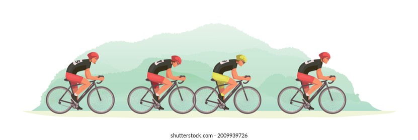 Cycling tournament side view. Cyclists chase the leader of the race.