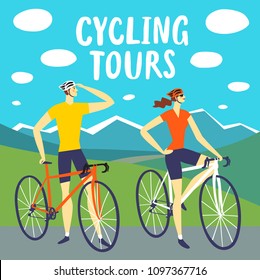 Cycling tours poster. Man and woman cyclists on landscape background. Colorful editable vector illustration for your design.