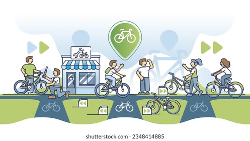 Cycling towards greener tomorrow for sustainable future outline concept. Nature friendly transportation as healthy alternative to save planet vector illustration. Modern urban bicycle infrastructure