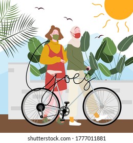 Cycling trend in new normal era after corona virus pandemic two girl character wearing mask and hijab and casual clothes goes use bicycle sun shines with flat cartoon style.