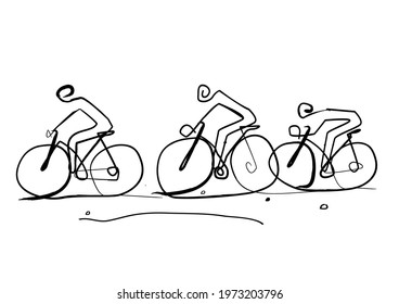 Cycling trip, line art stylized cartoon. Black and white drawing of three cyclists in a abstract landscape. Vector available.
