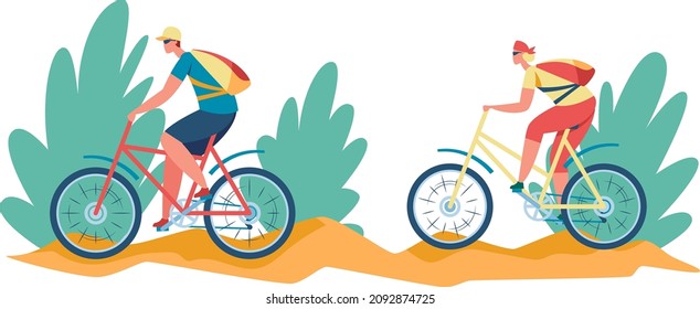 Cycling trip on weekend, activity outdoor rest. Trip bike outdoor, illustration of bicycle recreation activity, weekend vacation