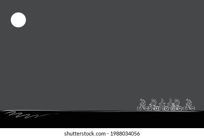 Ciclismo bajo el fondo de la luna llena