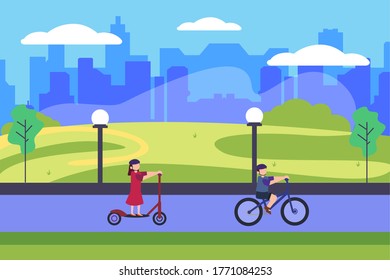 Cycling vector concept: Children having fun in city park riding bicycle and scooter