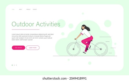 Cycling Vector Illustration Concept, Adecuado para página web de aterrizaje, ui, aplicación móvil, diseño editorial, volante, banner. Chica En Ciclismo, Corriendo, En Bicicleta. Actividades al aire libre