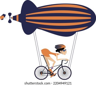 Cycling woman flying on the airship.
Funny woman on the cycle flying on the airship. Isolated on white
