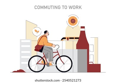 Cycling to Work concept. An urban commuter rides a bicycle through the cityscape, embracing an eco-friendly mode of transport for daily routine. Vector illustration.