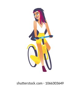 Cycling young girl with long hair isolated on white background. Cartoon colorful vector illustration of woman with bicycle for summer activity concept design.