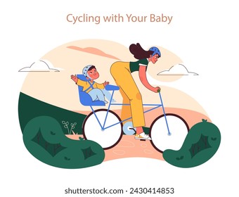 Cycling with Your Baby concept. An active mother enjoying a bike ride with her child in a secure child seat, sharing the joy of outdoors.