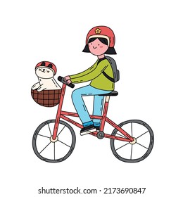 Cycling with your pet on red bicycle with hamlets hand drawn flat illustration isolated on white. Smiling cartoon character do sport.