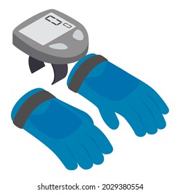 Icono de accesorio ciclista vector isométrico. Guantes para ciclismo, computadora inalámbrica para bicicletas. Computadora con velocímetro de bicicleta, equipo deportivo