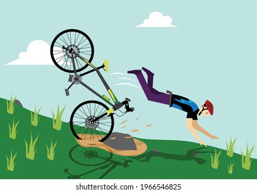 A cyclist accidently falls down because of a puddle. Editable Clip Art.