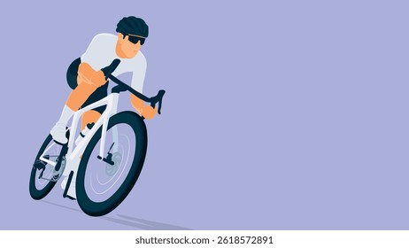 Ciclista em Ação - Ilustração de Vetor de Corrida de Bicicleta de Estrada em Fundo Roxo com copyspace.Ideal para promoções de ciclismo, eventos esportivos, competições e campanhas de estilo de vida ativo.