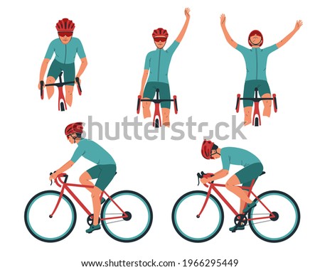 Cyclist in action set. Biker on a bicycle race from the side, front. Competition, victory in sports. Collection of vector illustrations isolated on white background.