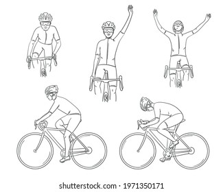 Cyclist in action set in hand drawn doodle style. Sketching biker on a bicycle race from the side, front. Competition, victory in sports. Collection of vector illustration isolated on white background