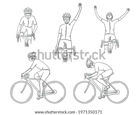 Cyclist in action set in hand drawn doodle style. Sketching biker on a bicycle race from the side, front. Competition, victory in sports. Collection of vector illustration isolated on white background