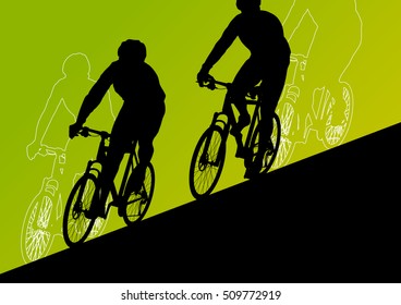 Cyclist active man bicycle riders in abstract sport landscape background illustration vector